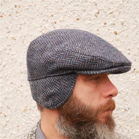 Traditional Irish tweed flat cap with foldable ear flaps - navy/blue speckled herringbone - 100% ...