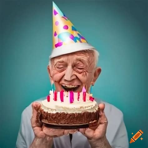 Elderly man celebrating his birthday with a cake on Craiyon