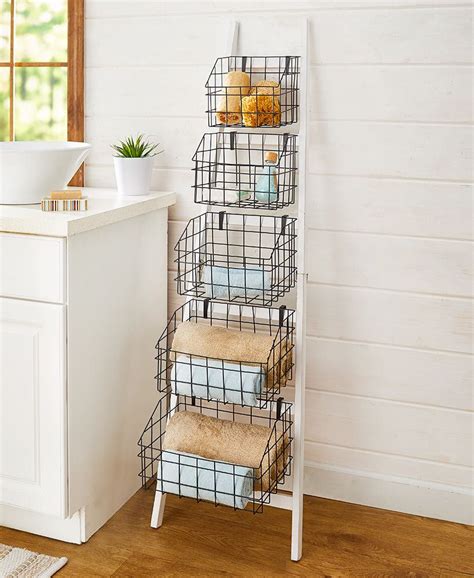 Whitewashed Ladder-Style Storage Racks with Baskets - Farmhouse Whitewashed Ladder-Style Storage ...