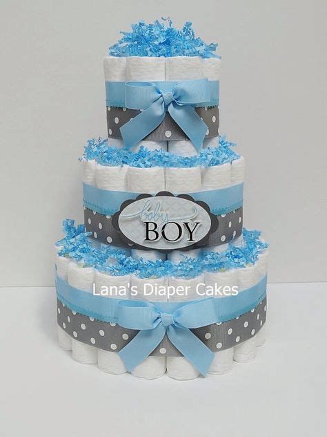 3 Tier Baby Boy Blue And Gray Diaper Cake, Boy Baby Shower Centerpiece, Blue, Grey, Polka Dot ...