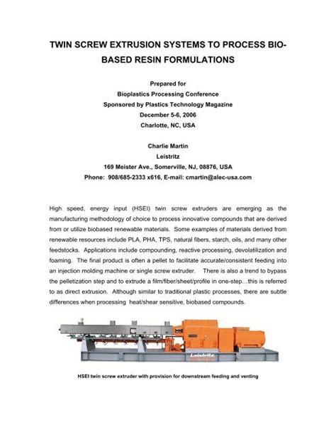 TWIN SCREW EXTRUSION SYSTEMS TO PROCESS BIO- BASED ...