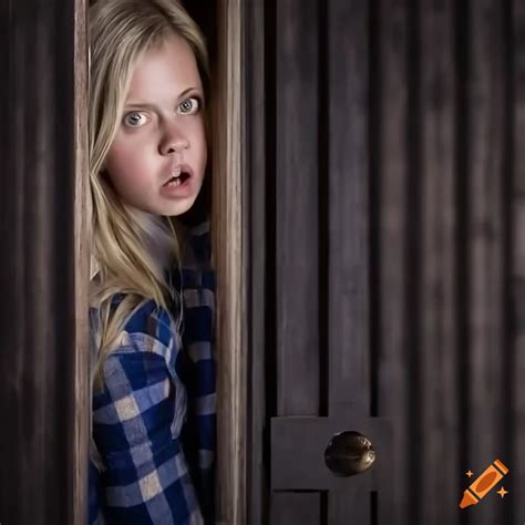 Blonde actress with scared expression looking through barn door