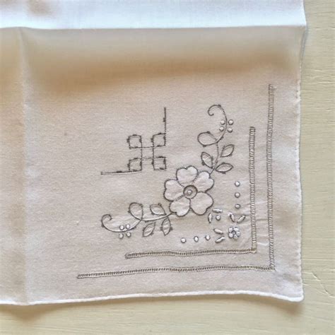 Antique Linen Embroidered Handkerchief with Gray and … - Gem