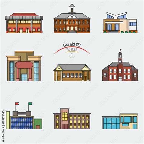 Vector school buildings set in linear style. Line icons collection with ...