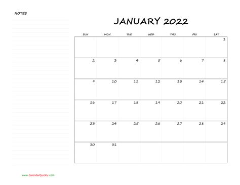 Monthly Blank Calendar 2022 with Notes | Calendar Quickly