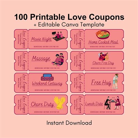 100 Printable Love Coupons for Him and Her, Couple Coupons, Valentines ...