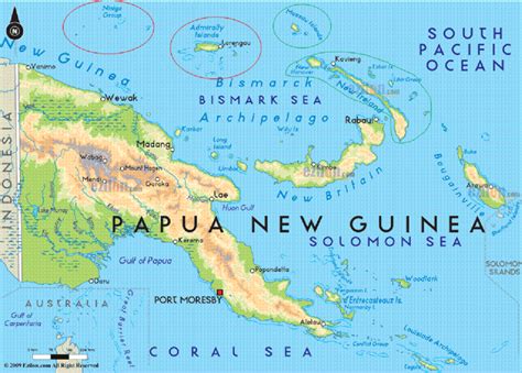 Map of Papua New Guinea with islands of Manus Province circled in red ...