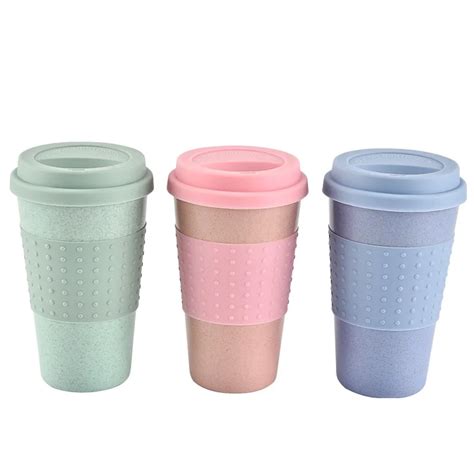 350ml Eco Friendly Wheat Straw Coffee to Go Cups Travel Mug With Lids Travel Cup Portable for ...