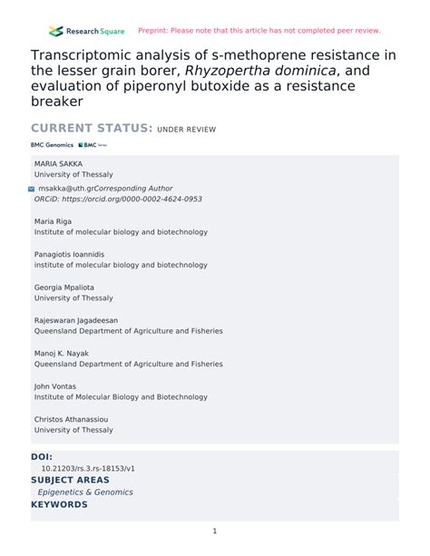 (PDF) Transcriptomic analysis of s-methoprene resistance in the lesser grain borer, Rhyzopertha ...