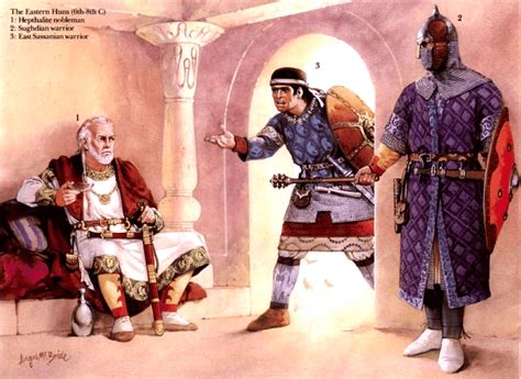 Hunos blancos o del este (siglo VI-VIII): 1 noble heftalita; 2 guerrero sogdiano; 3 guerrero ...