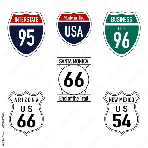 Road signs in USA. Group of isolated US road signs. State names and road numbers. Colorful ...