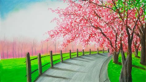 How to draw Trees/Pathway/Cherry blossom/Nature with oil pastel @DrawingScenery - YouTube