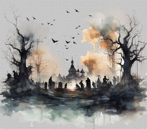 Misty Graveyard Halloween Clipart, Halloween Gravestone Watercolor ...