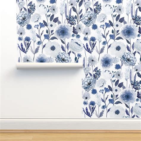 Blue Floral Wallpaper Indigo Garden B by Indybloomdesign - Etsy