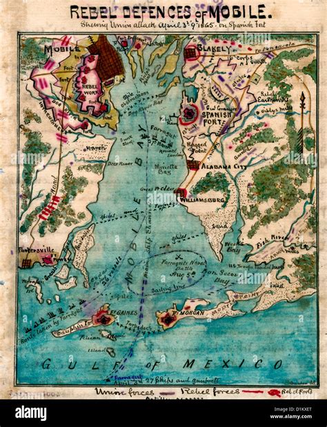 MAP Rebel defenses of Mobile Bay, Alabama, showing Union attack April 3rd-9th 1865 on Spanish ...