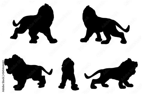 5 black and white set vector lion silhouette isolated on white ...