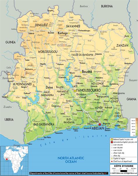 Large physical map of Ivory Coast with roads, cities and airports | Cote d'Ivoire | Africa ...