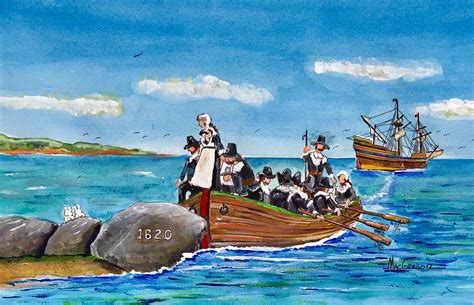 Pilgrims Landing at Plymouth Rock in 1620 Watercolor Art Print Mayflower Tall Ship Pilgrim ...