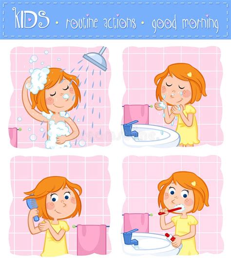 Kids - Routine Actions - Tooth Brushing, Washing Face, Taking a Shower, Hair Care - Girl with ...