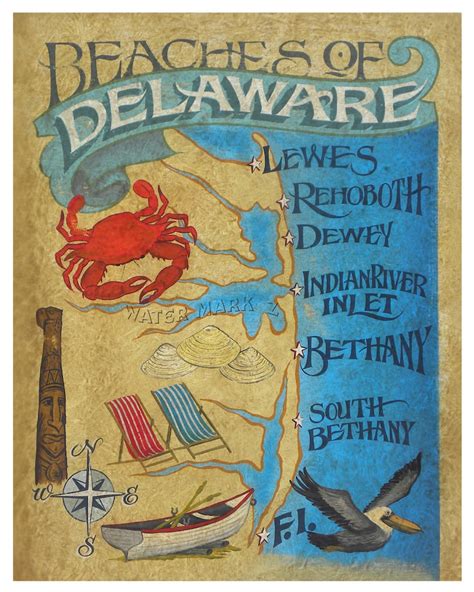 Delaware Beaches Map Style Print From an Original Hand Painted | Etsy