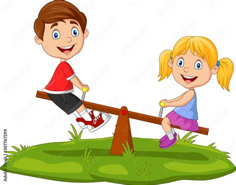 Cartoon kids playing on seesaw in the park Stock Vector | Adobe Stock