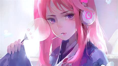 HD wallpaper: anime, anime girls, pink hair, purple eyes, headphones | Wallpaper Flare