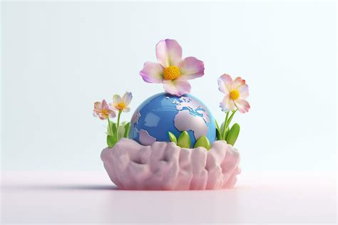 AI generated 3D Cute Earth with Flower on White Background. Planet Earth Day or Environment Day ...