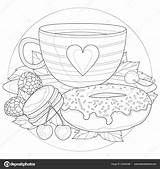 Cup Tea Donut Macaroon Raspberries Mint Cherry Coloring Book Stress  sketch template