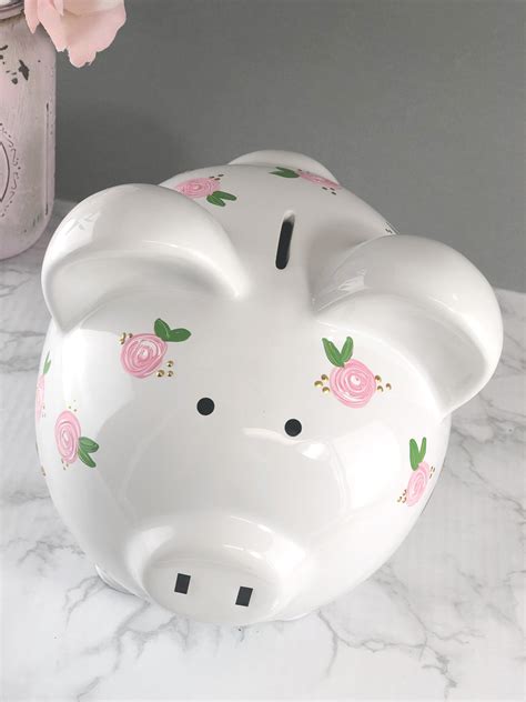 Large Personalized Piggy Bank For Girls - Pink Flowers