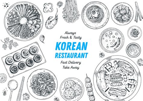 Premium Vector | Korean food top view illustration Hand drawn sketch Bibimbap kimchi kimbap ...