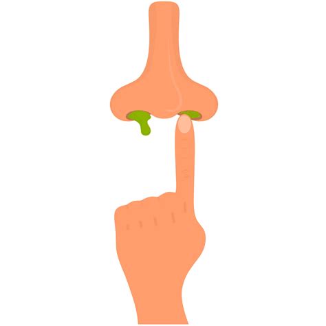 Illustration of picking nose with finger on white background. Cartoon hand with dripping green ...