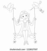 Girl On Swing Coloring Book Vector Stock Royalty Free  sketch template