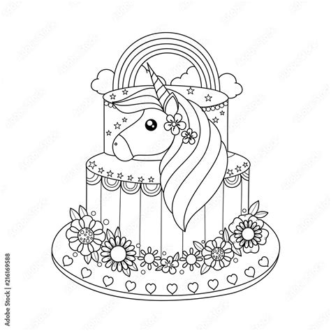 Unicorn cake coloring book for adult. Vector illustration. Handdrawn ...