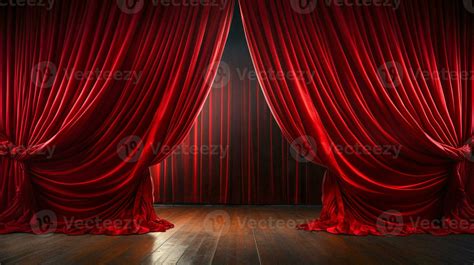 Dramatically Lit Lustrous Red Velvet Theatre Curtains and Wooden Stage Floor. Generative AI ...