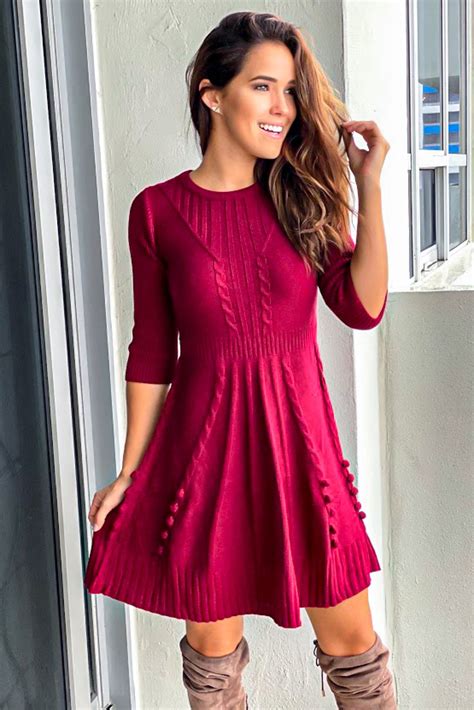 Burgundy Sweater Dress With Button Detail | Short Dresses – Saved by the Dress