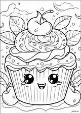 Cute Cupcake With Cherries  And Cake Coloring Pages For Adults sketch template