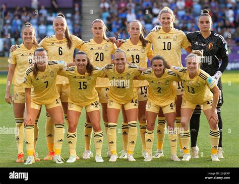A Belgium team group photo ahead of the UEFA Women's Euro 2022 Group D match at the Manchester ...