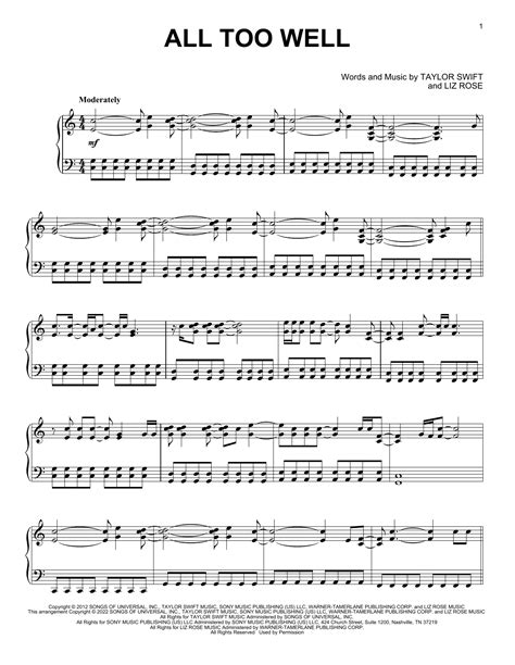 all too well by Taylor Swift Sheet Music for Piano Solo at Sheet Music ...