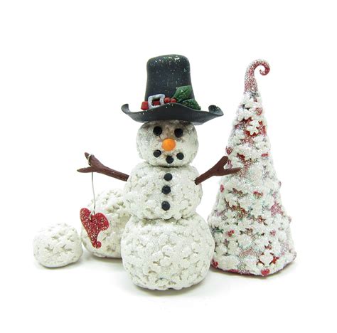 Snowman Miniature Figurine Polymer Clay Sculpture with Snowflakes | Brown Eyed Rose