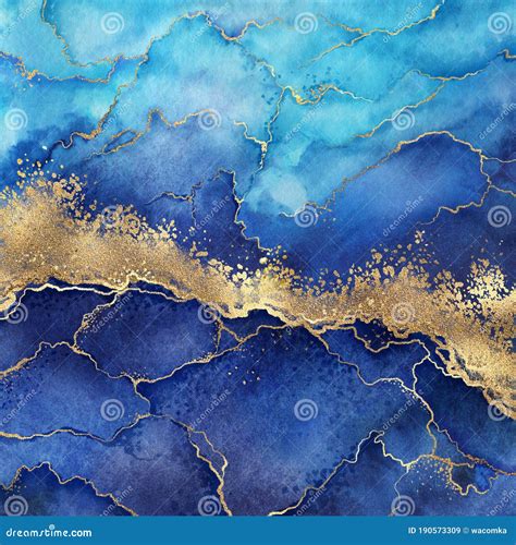 Abstract Blue Marble Background with Golden Veins, Painted Artificial Marbled Surface, Fake ...