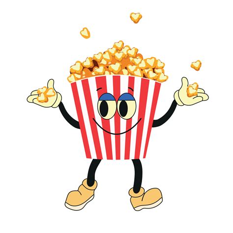 Popcorn cartoon character. Vector bucket of popcorn with a smiling face holding a snack in his ...