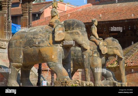 Nepal, Patan, Durbar Square, elephant statues Stock Photo - Alamy