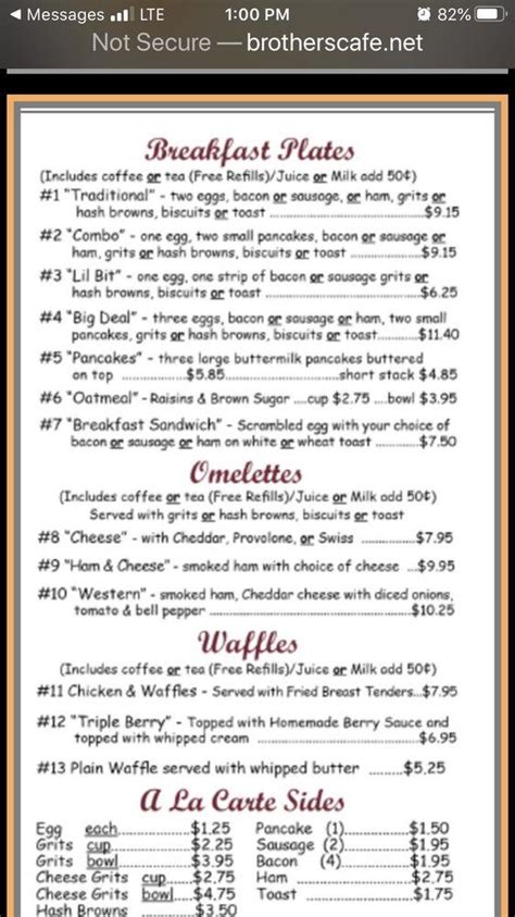 Menu at Brothers “Ole New Orleans” Cafe, Harvey