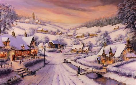 Gordon Lees art paintings christmas snow houses rustic, snowy christmas ...