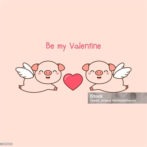 Kartu Ucapan Valentine Lucu Angel Pig Dengan Hati Ilustrasi Vektor ...