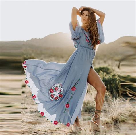 2019 New arrival Floral Embroidery Maxi Dress Bohemian Vestidos Female Casual free people Beach ...