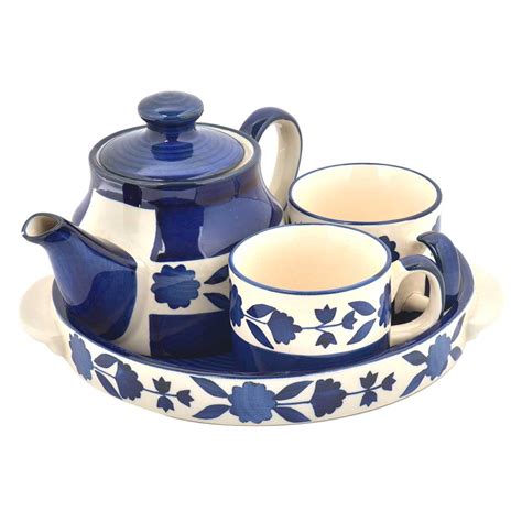 Blue Pottery Tea Set With Tray