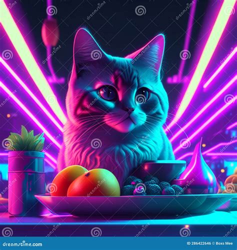 Funny Cartoon Cat and Colorful Neon Lights. 3d Illustration Stock ...