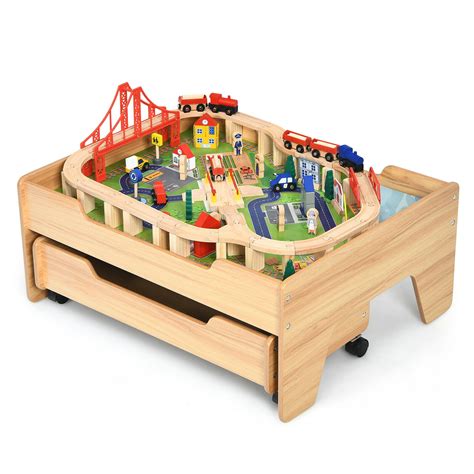 Children's Wooden Railway Set Table with 100 Pieces Storage Drawers - Costway