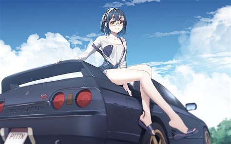 Girl, glasses, smile, car, anime, art, HD wallpaper | Peakpx